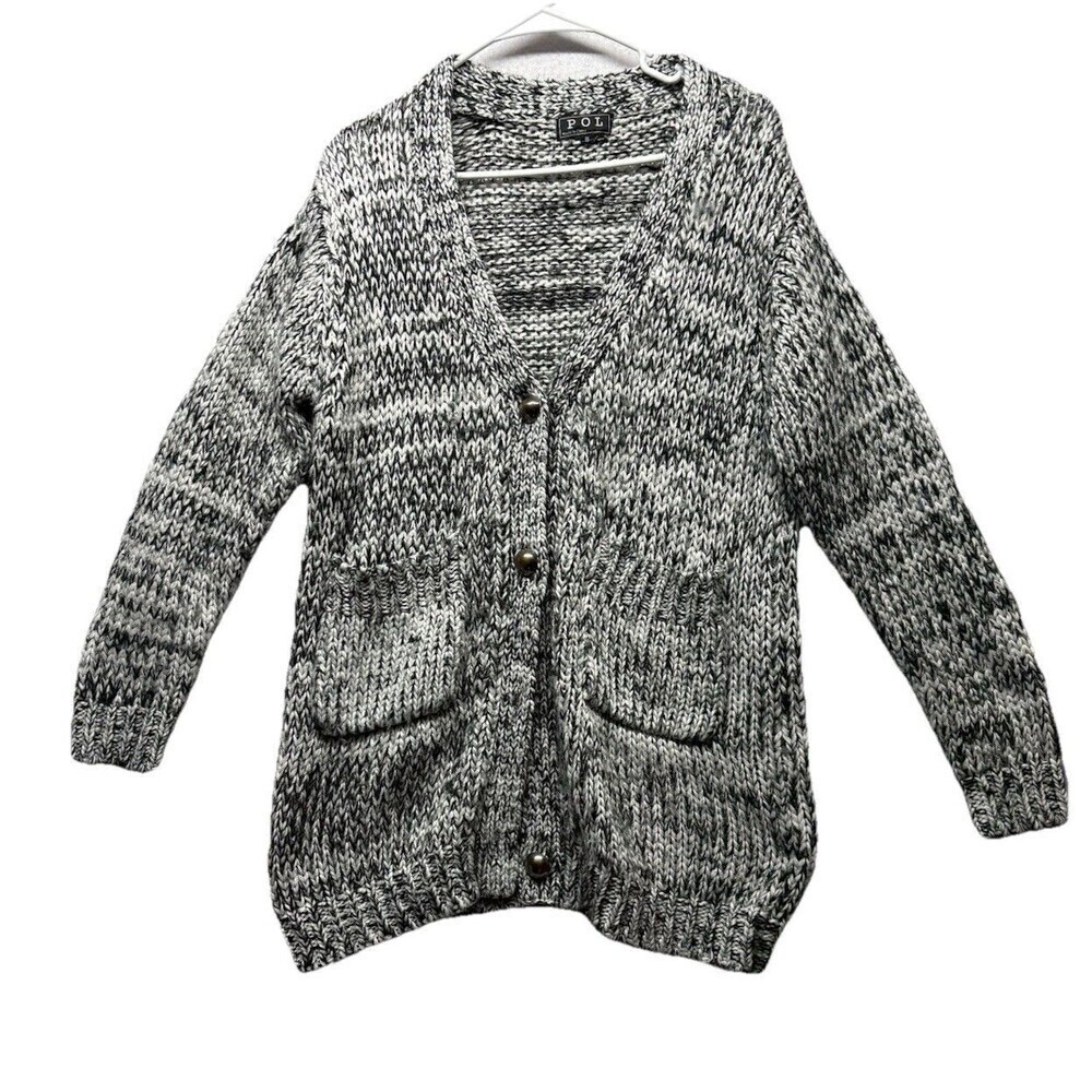 POL Chunky Knit Cardigan Sweater Grandpa Pockets Black Gray Boho Size Small *
